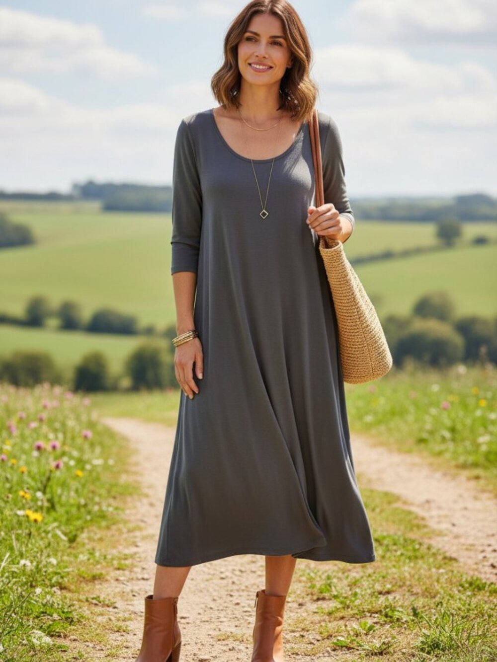 Eileen Fisher Gray Viscose Jersey Dress XL Extra Large A-Line Stretch Lagenlook